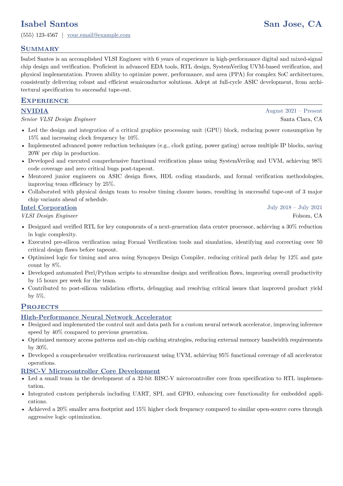 VLSI Engineer Resume Example CV template - Page 1