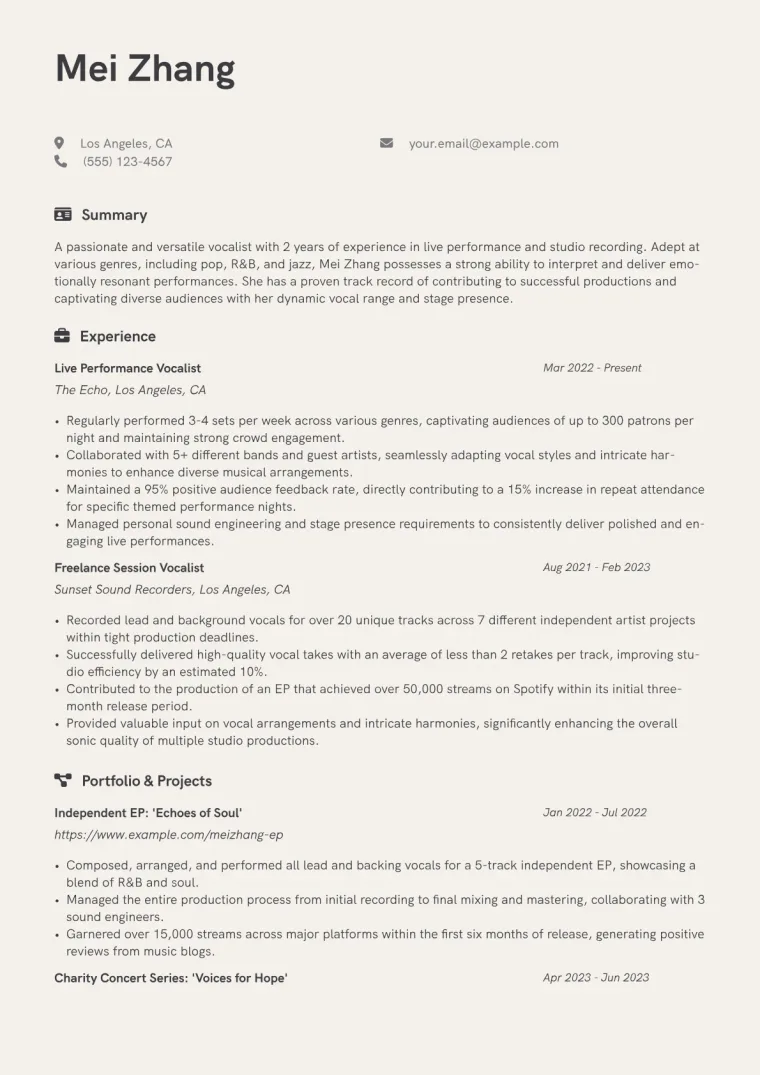 Vocalist Resume Example CV template preview