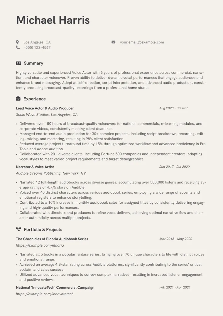 Voice Actor Resume Example CV template preview