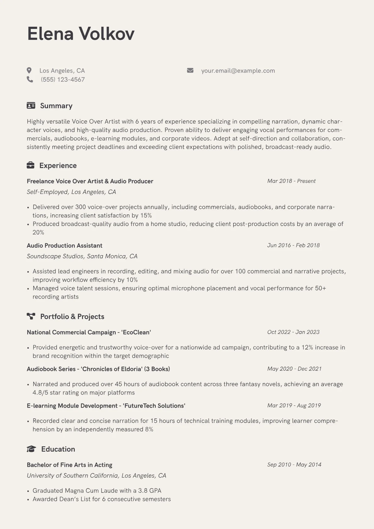 Voice Over Artist Resume Example CV template - Page 1