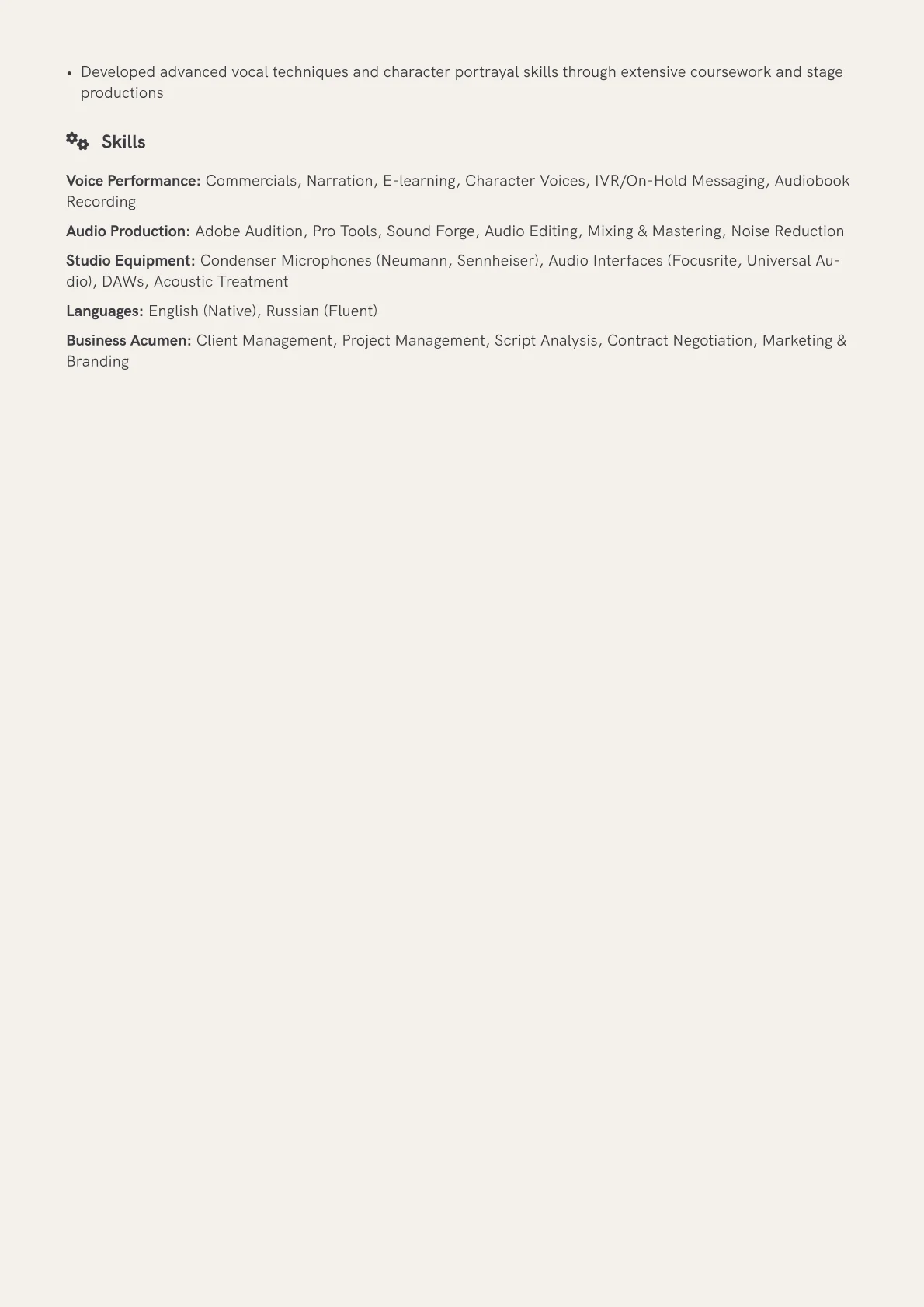 Voice Over Artist Resume Example CV template - Page 2