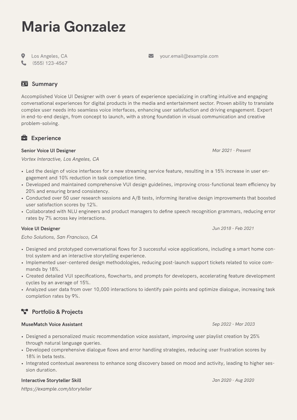 Voice UI Designer Resume Example CV template - Page 1