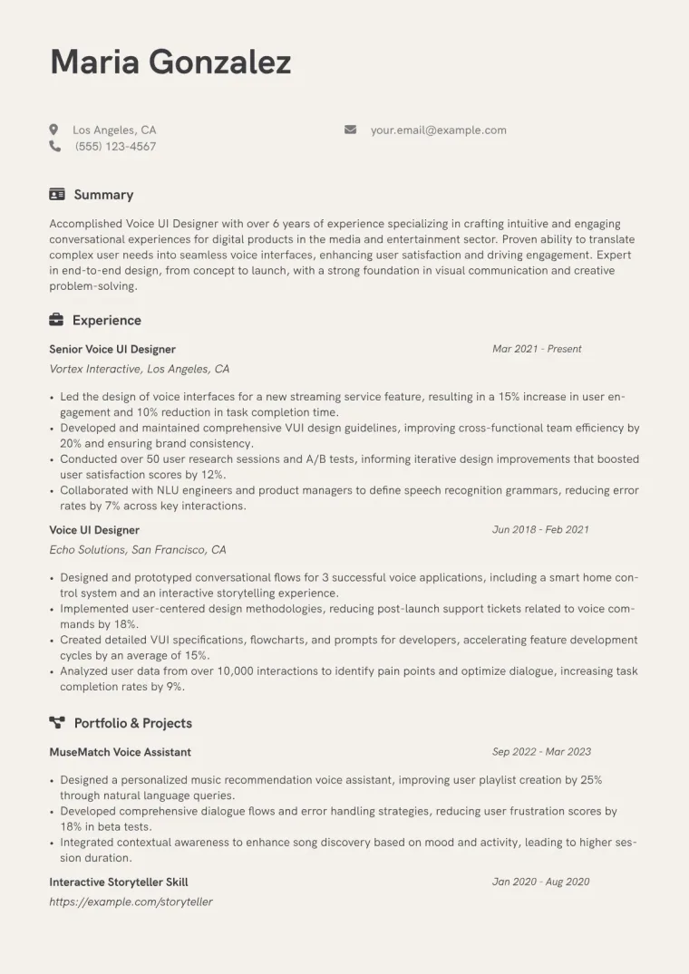 Voice UI Designer Resume Example CV template preview