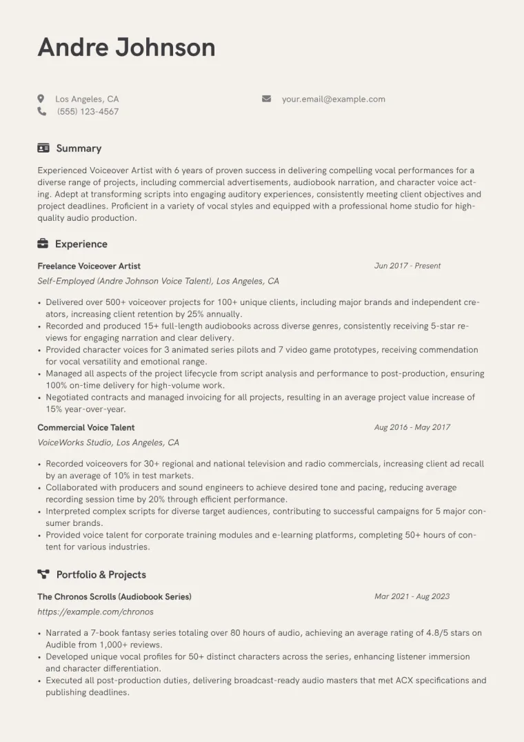 Voiceover Artist Resume Example CV template preview