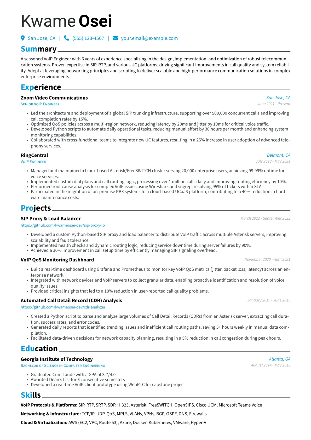VoIP Engineer Resume Example CV template - Page 1