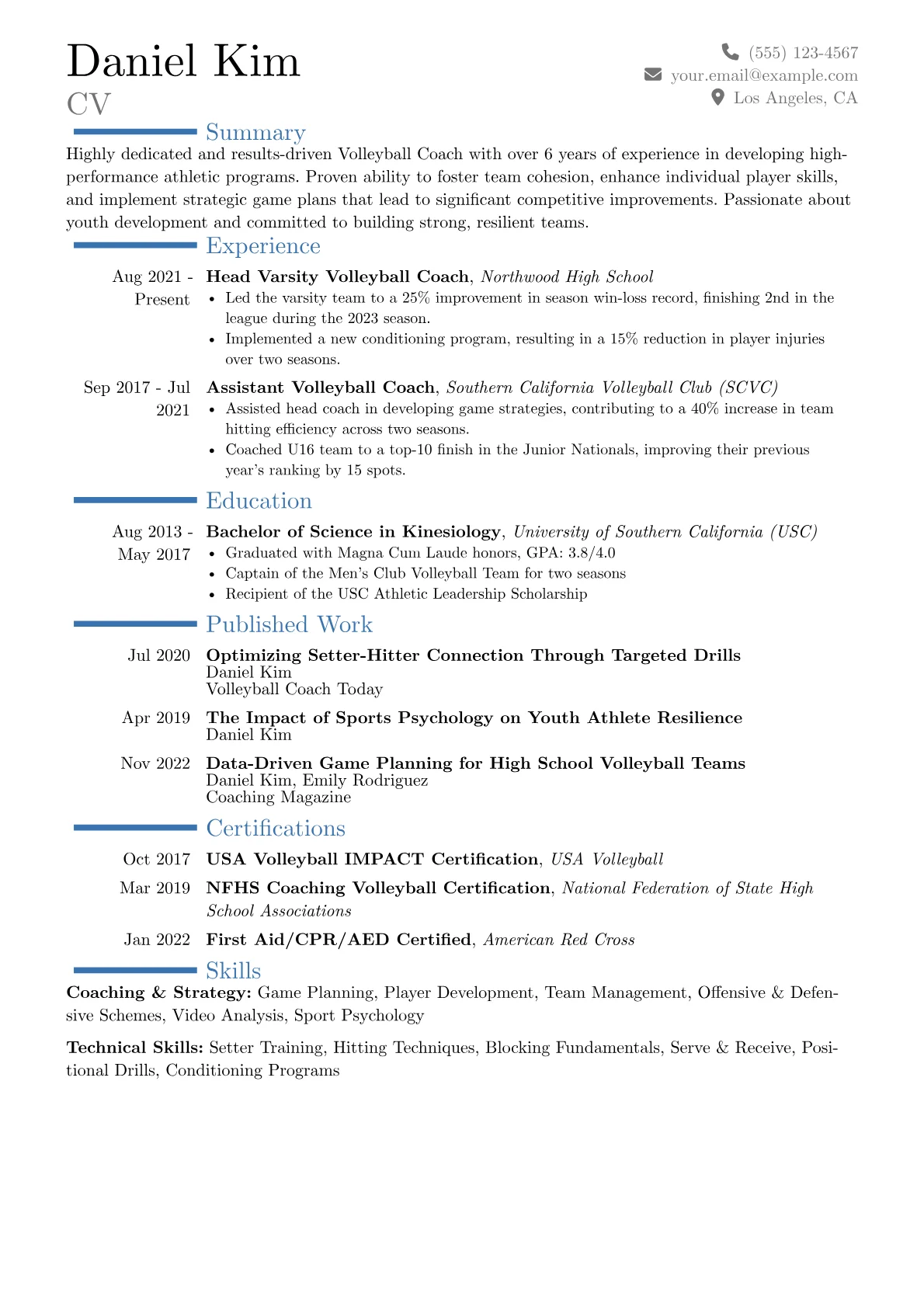 Volleyball Coach Resume Example CV template - Page 1
