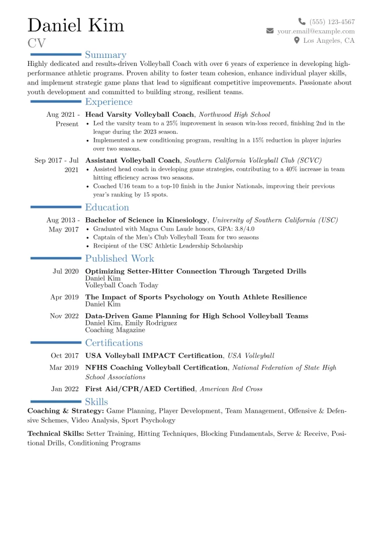 Volleyball Coach Resume Example CV template preview