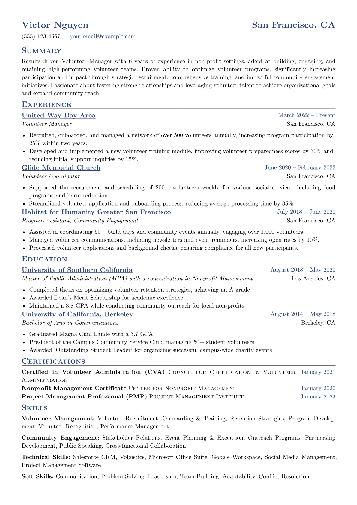 Volunteer Manager Resume Example CV template - Page 1