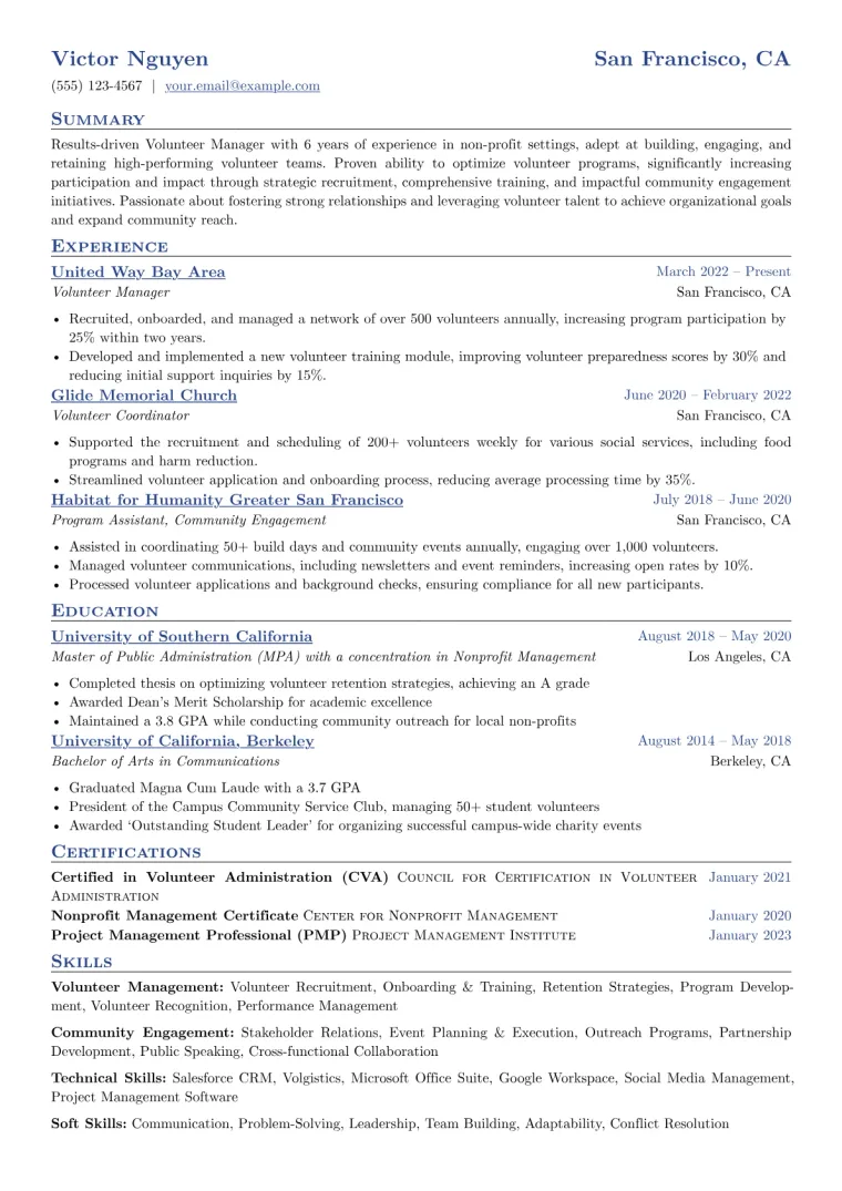 Volunteer Manager Resume Example CV template preview