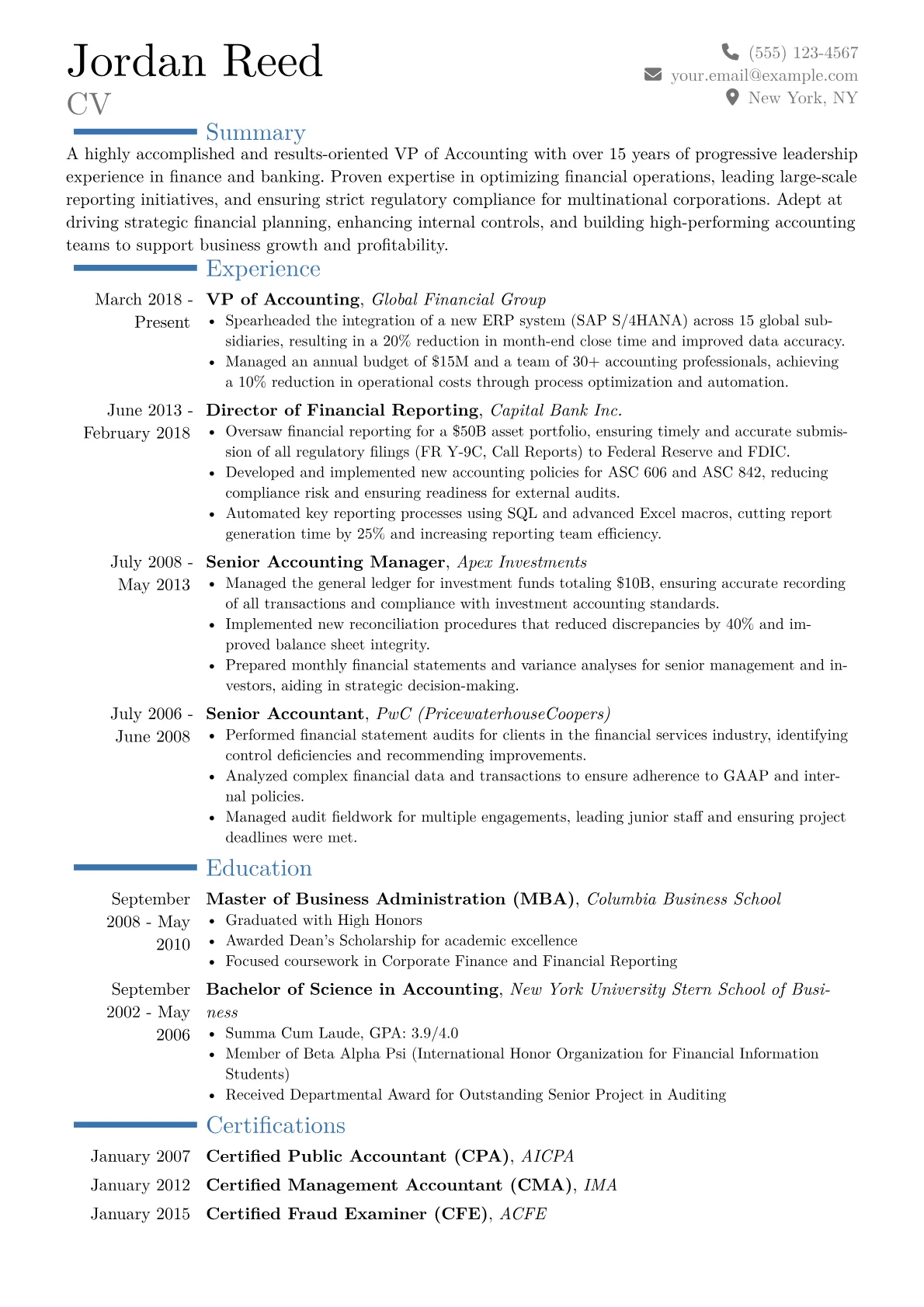 VP of Accounting Resume Example CV template - Page 1