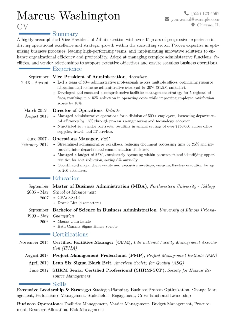 VP of Administration Resume Example CV template preview