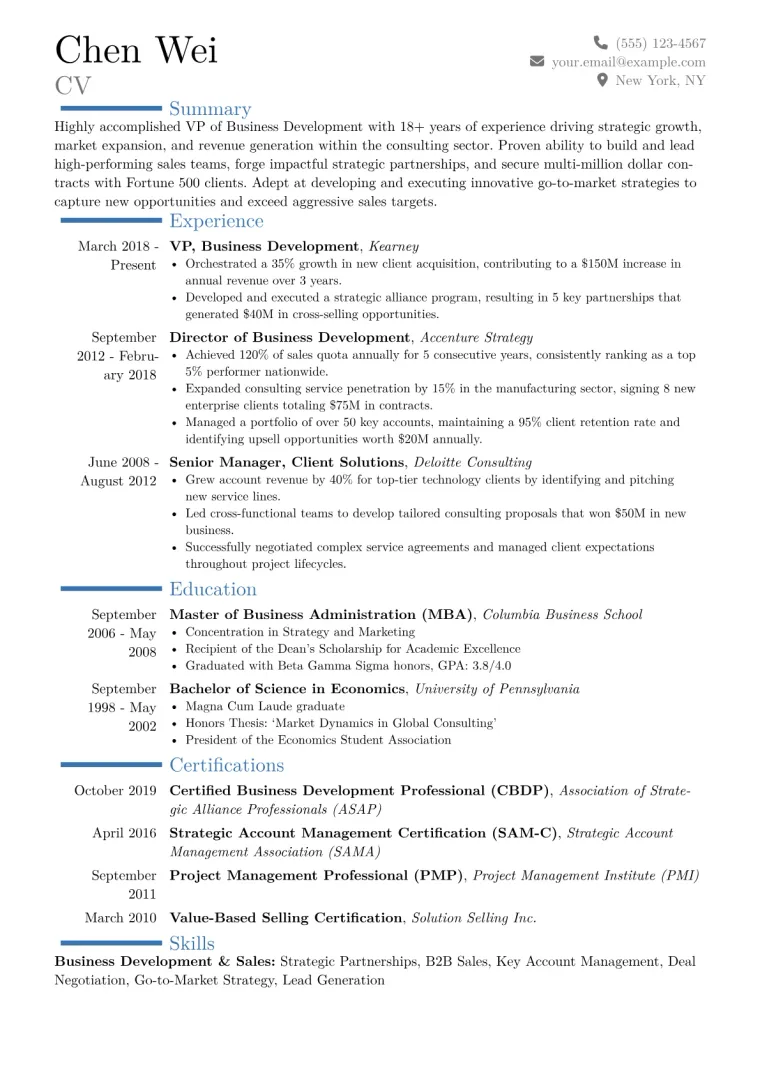 VP of Business Development Resume Example CV template preview