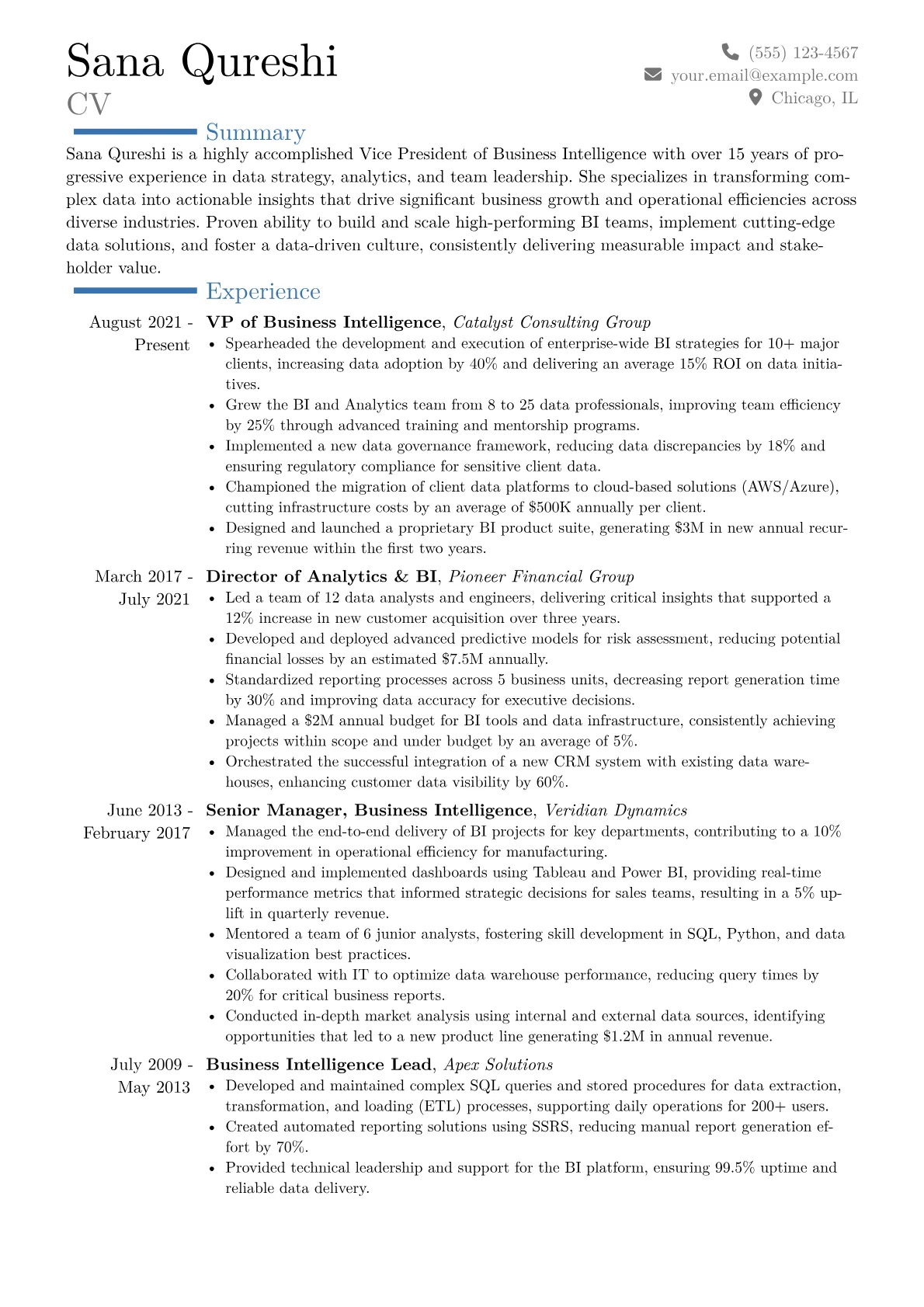 VP of Business Intelligence Resume Example CV template - Page 1