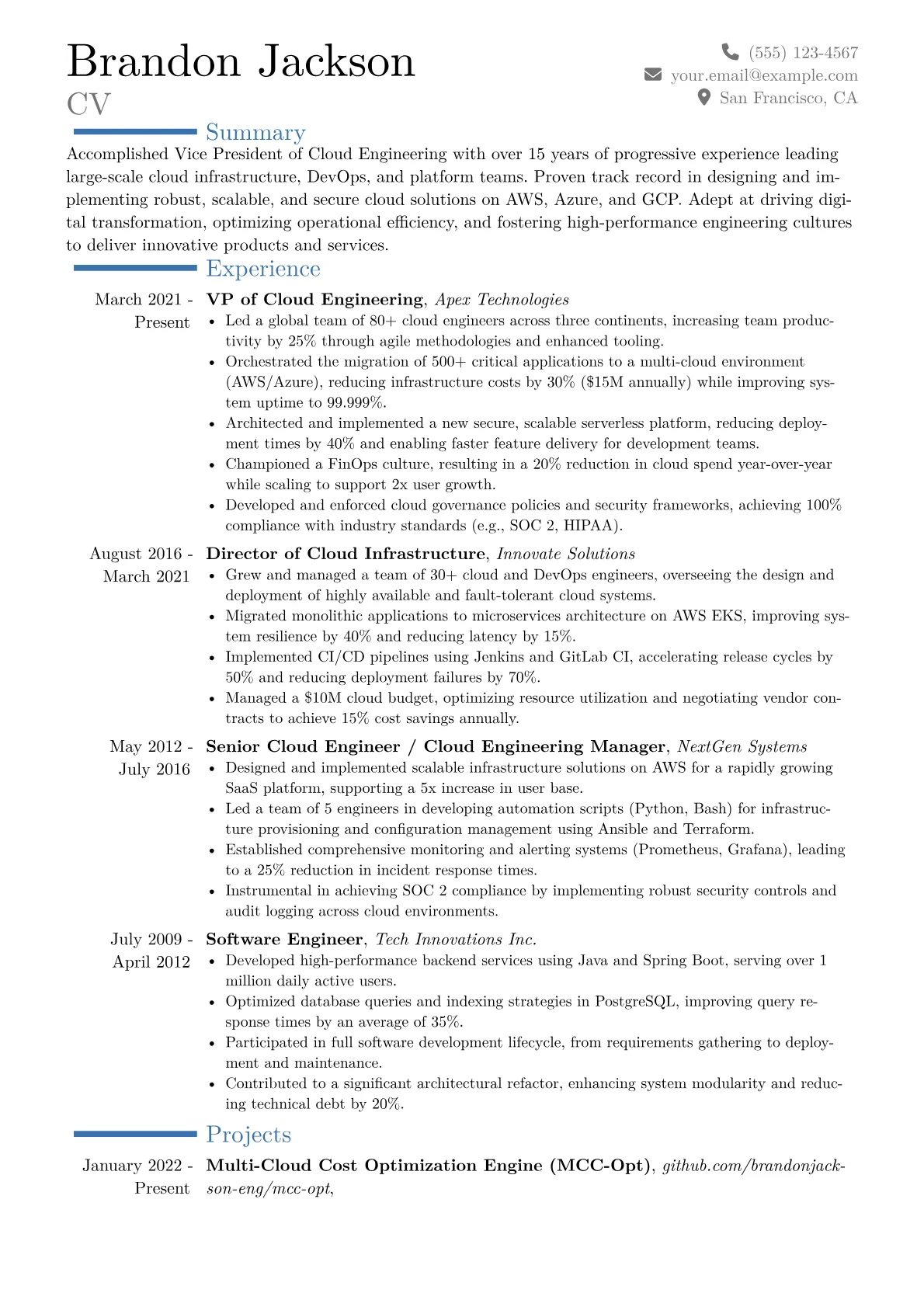 VP of Cloud Engineering Resume Example CV template - Page 1