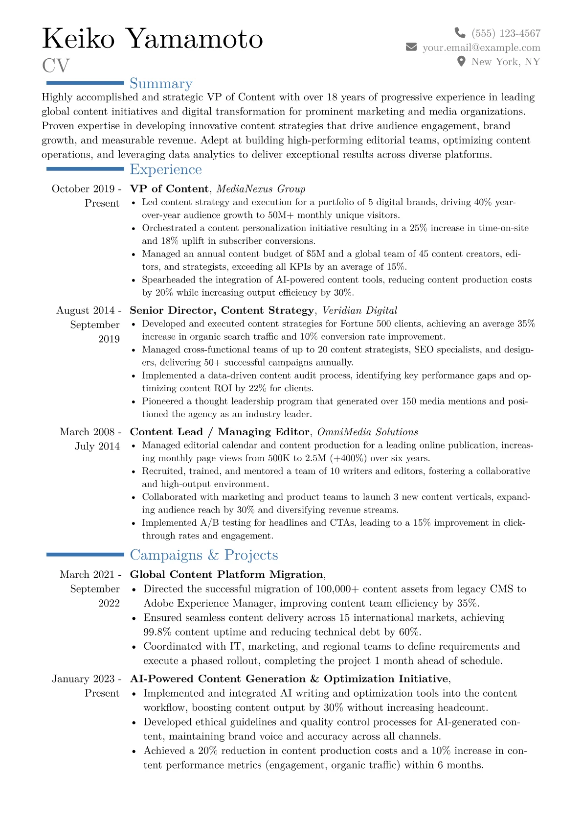 VP of Content Resume Example CV template - Page 1