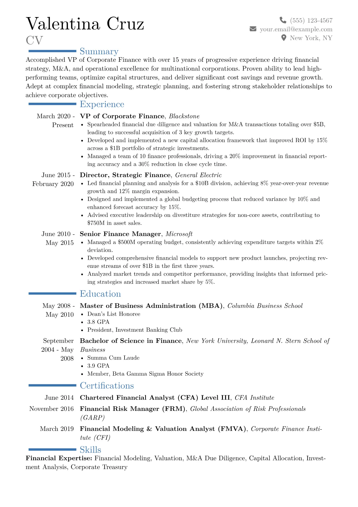 VP of Corporate Finance Resume Example CV template - Page 1
