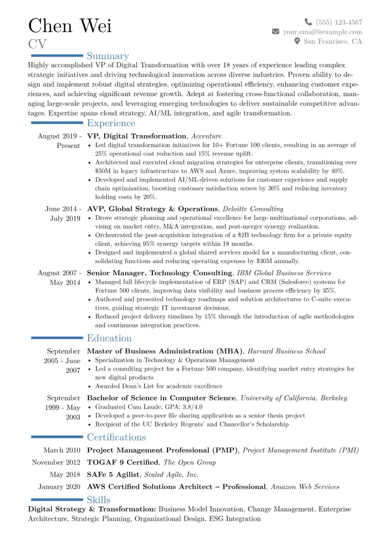 VP of Digital Transformation Resume Example CV template preview