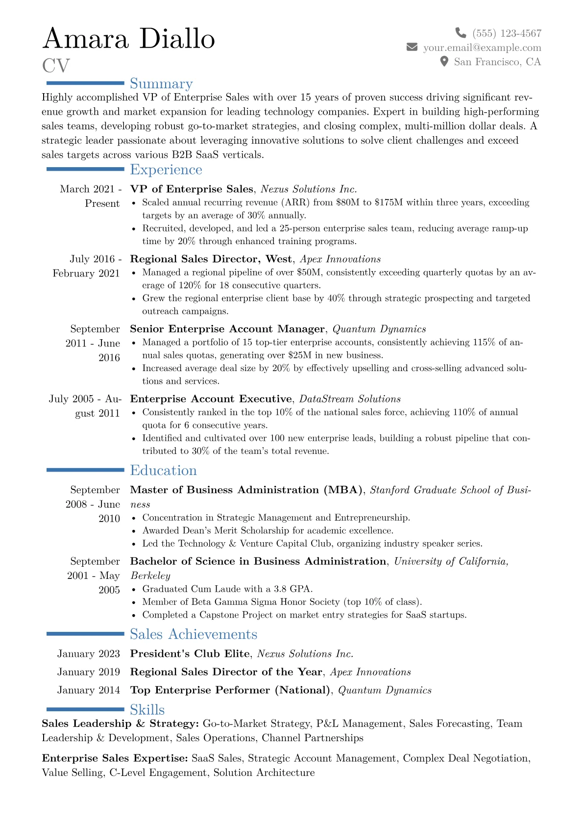 VP of Enterprise Sales Resume Example CV template - Page 1