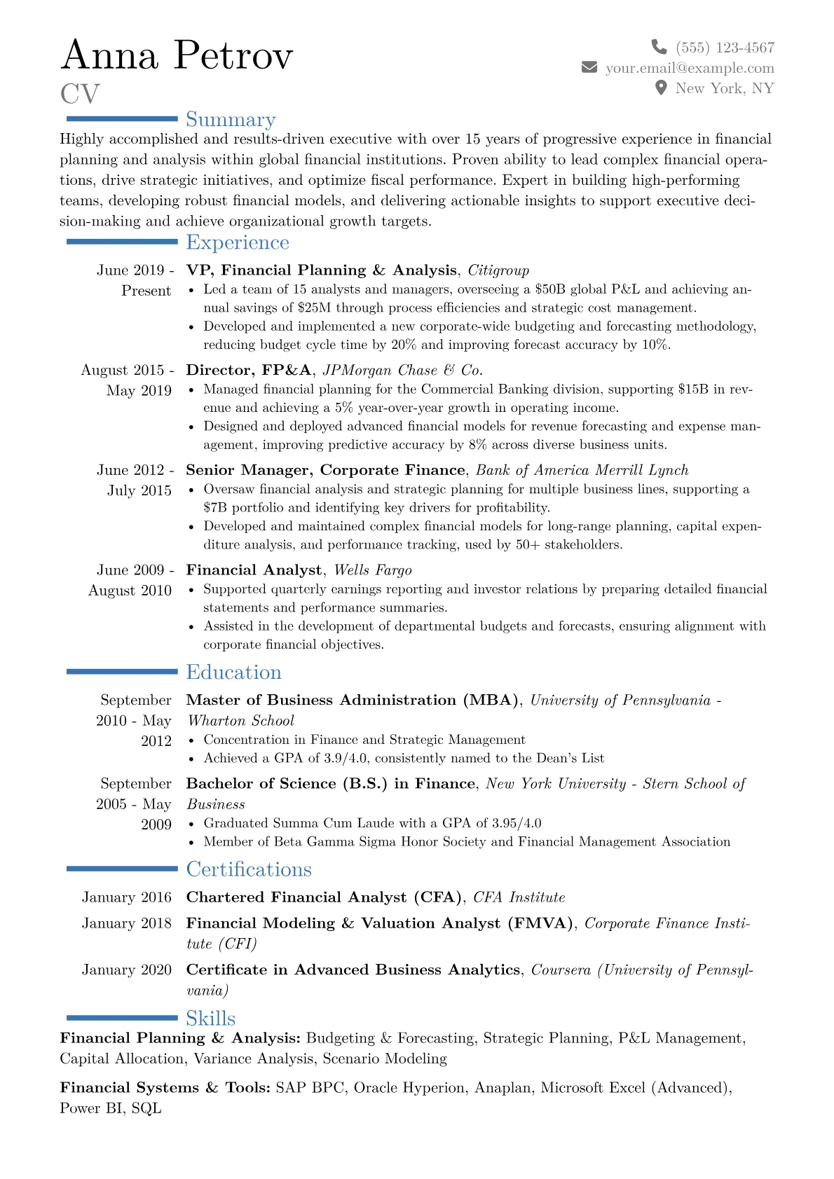 VP of Financial Planning Resume Example CV template - Page 1
