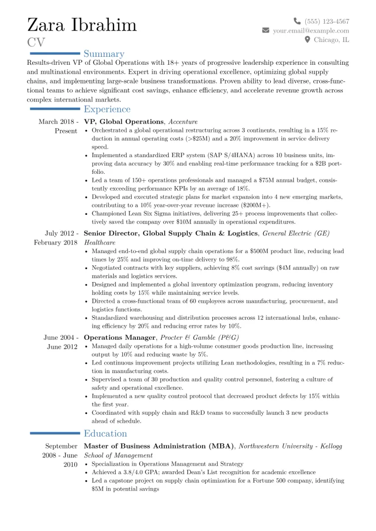 VP of Global Operations Resume Example CV template preview