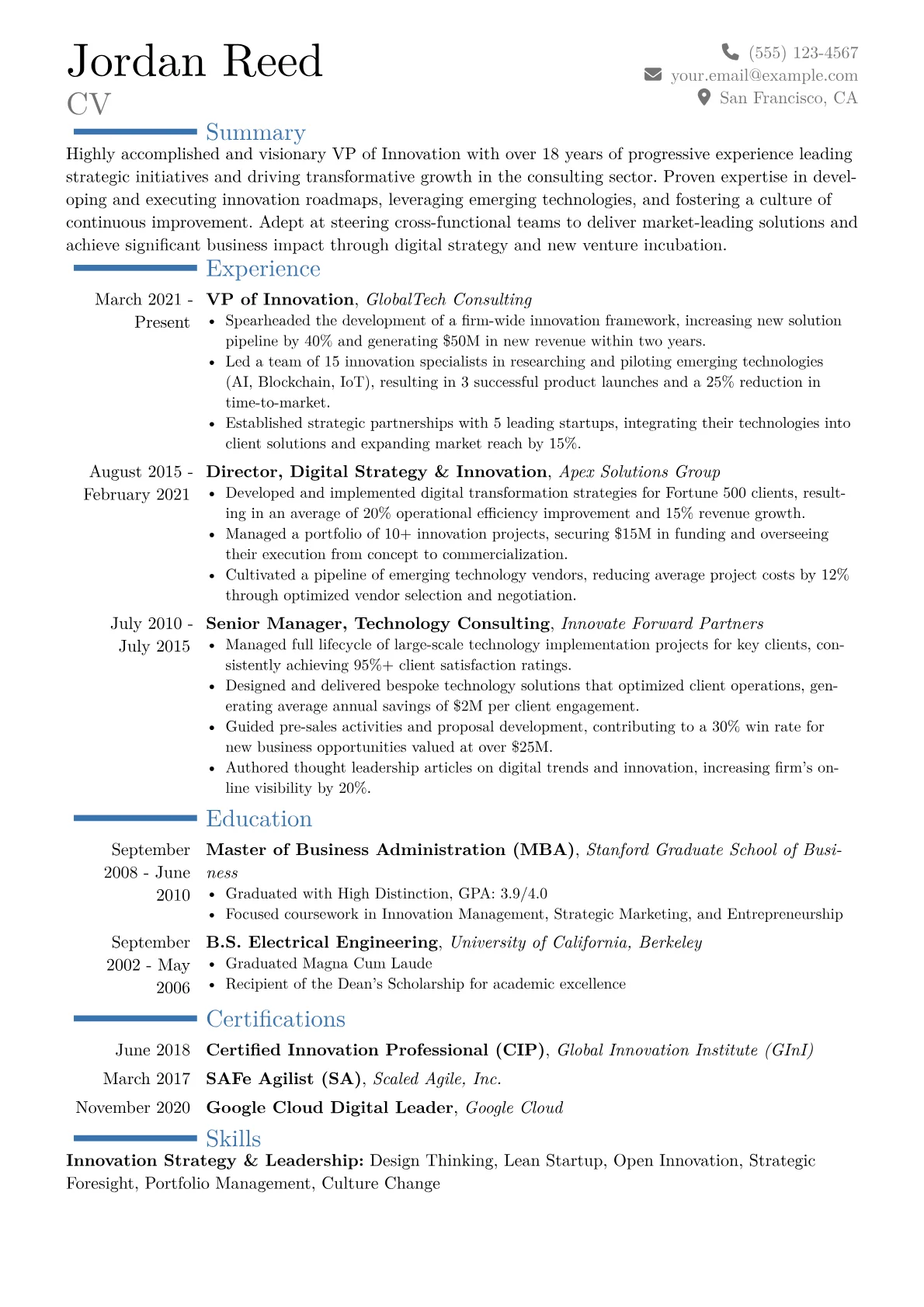 VP of Innovation Resume Example CV template - Page 1