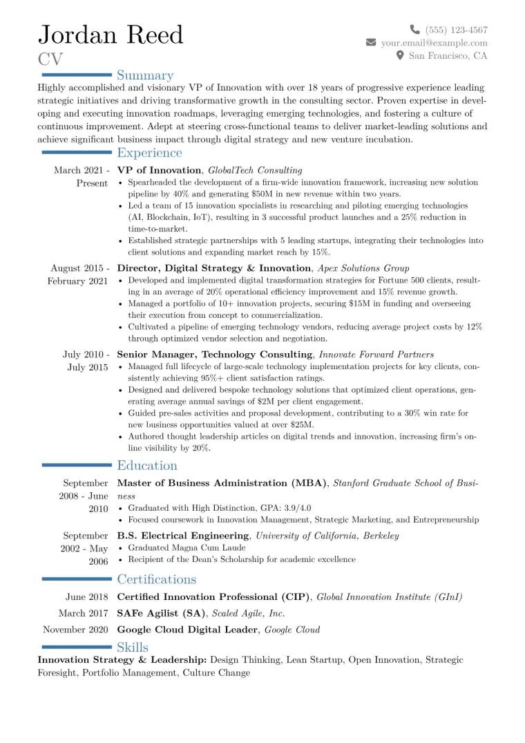 VP of Innovation Resume Example CV template preview