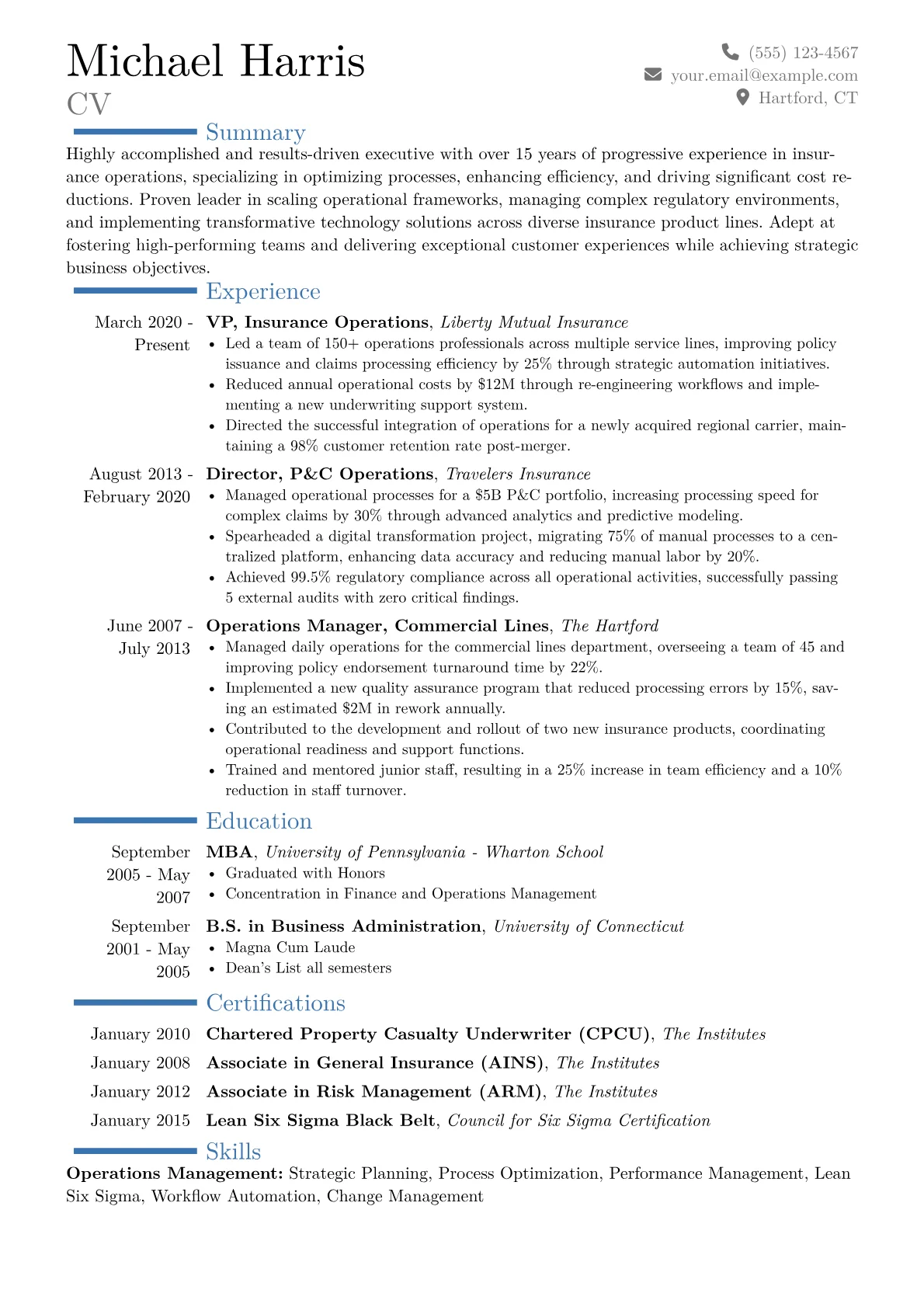 VP of Insurance Operations Resume Example CV template - Page 1