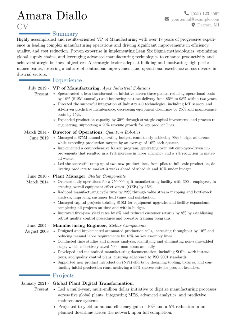 VP of Manufacturing Resume Example CV template preview
