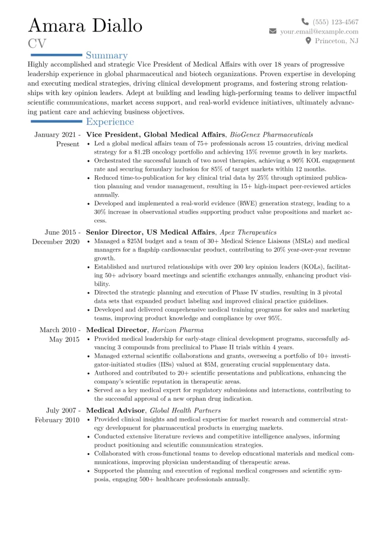 VP of Medical Affairs Resume Example CV template preview
