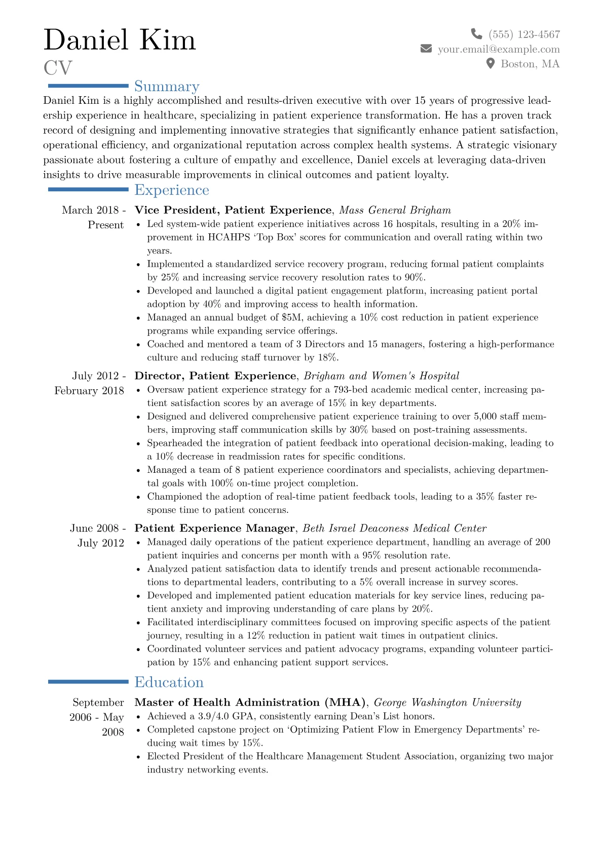 VP of Patient Experience Resume Example CV template - Page 1