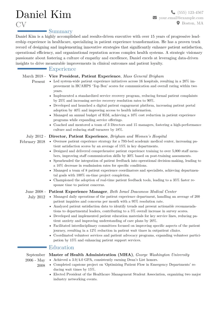 VP of Patient Experience Resume Example CV template preview