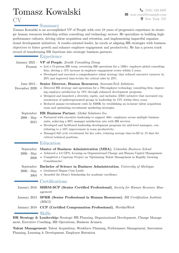 VP of People Resume Example CV template preview