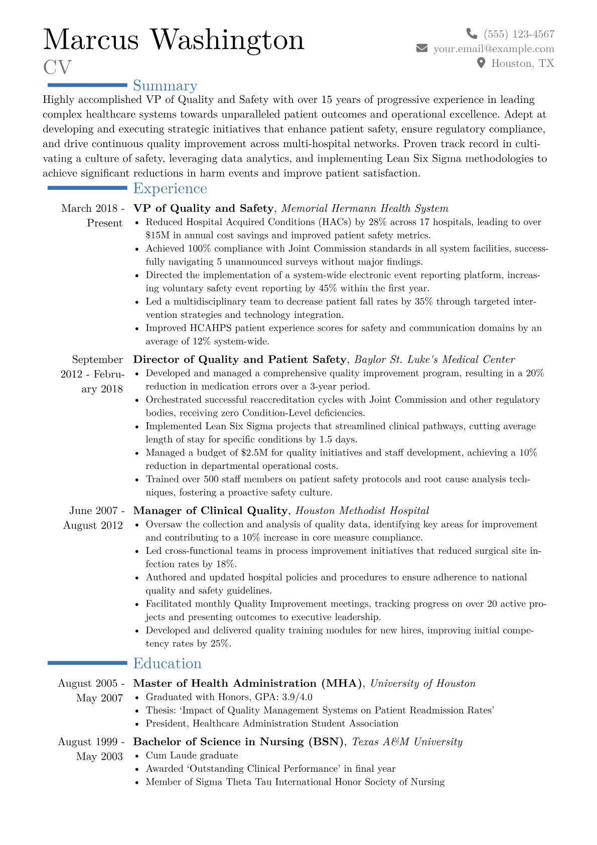 VP of Quality and Safety Resume Example CV template - Page 1