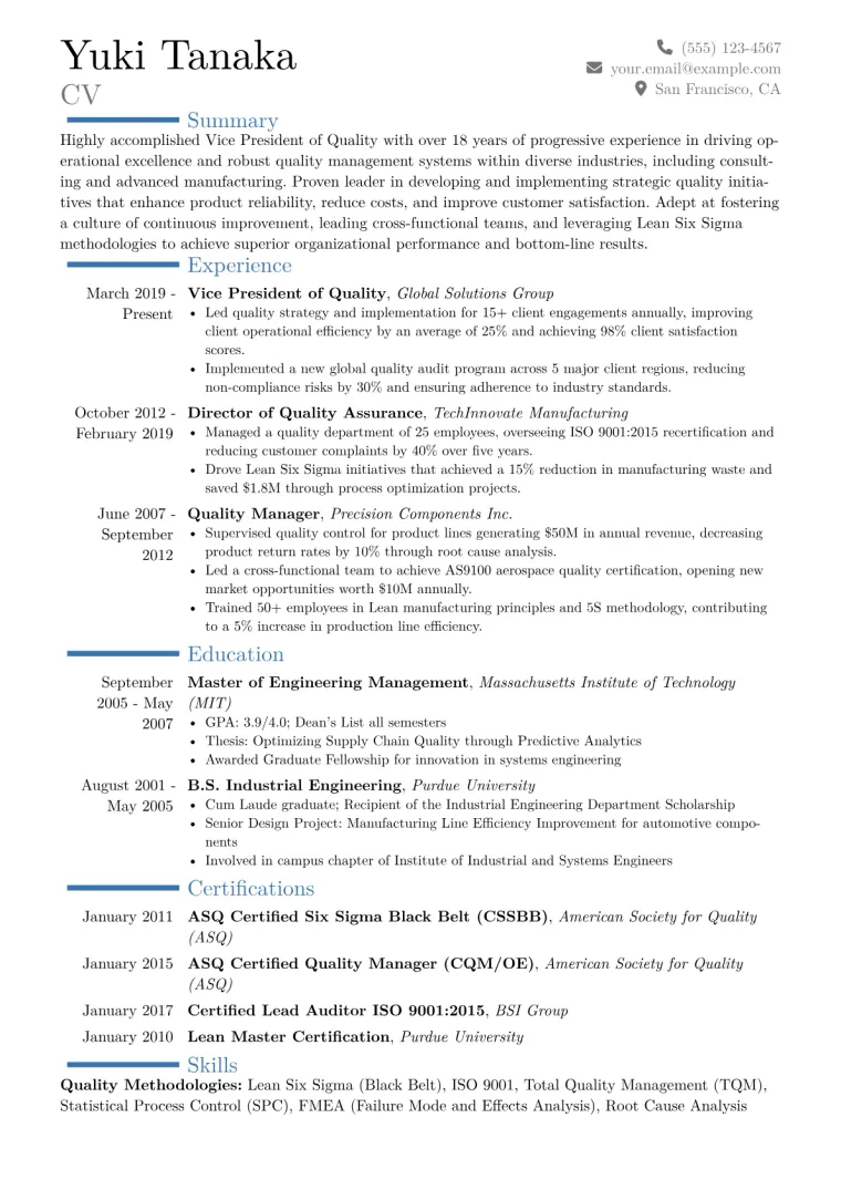 VP of Quality Resume Example CV template preview