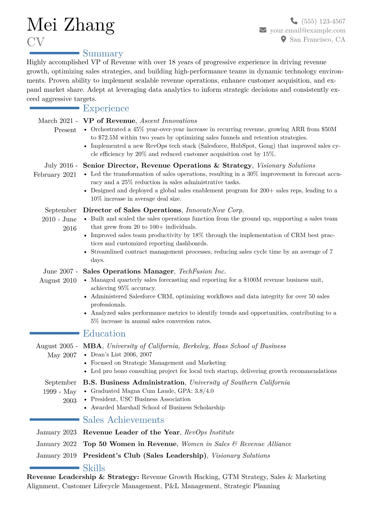 VP of Revenue Resume Example CV template - Page 1