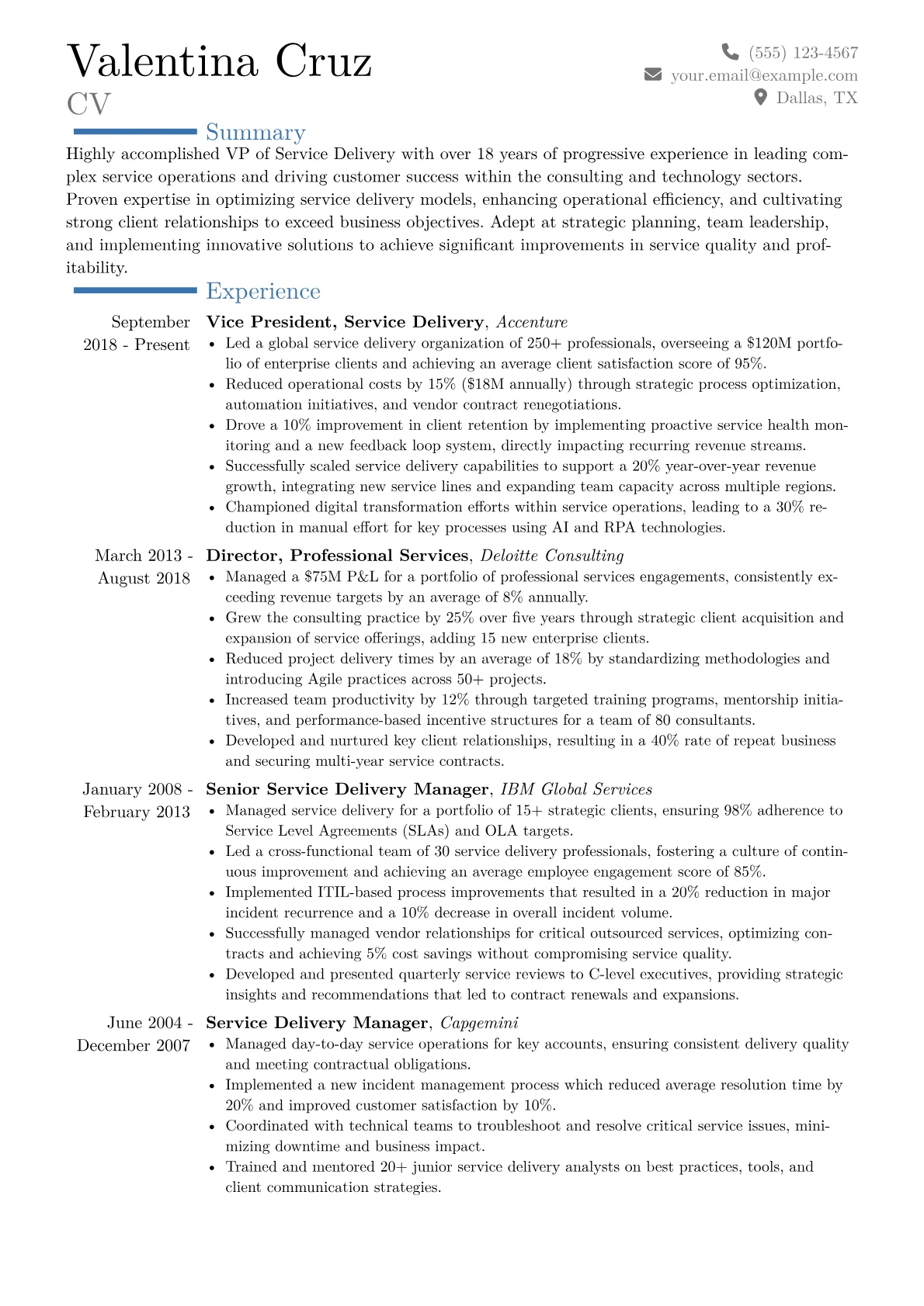 VP of Service Delivery Resume Example CV template - Page 1