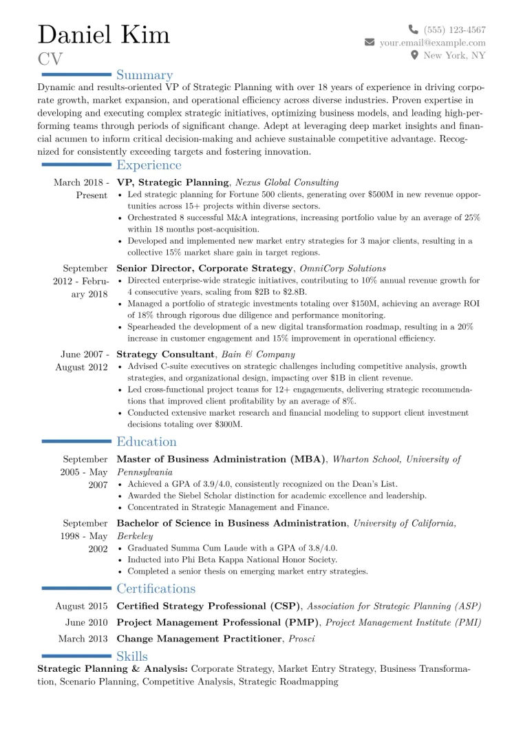 VP of Strategic Planning Resume Example CV template preview