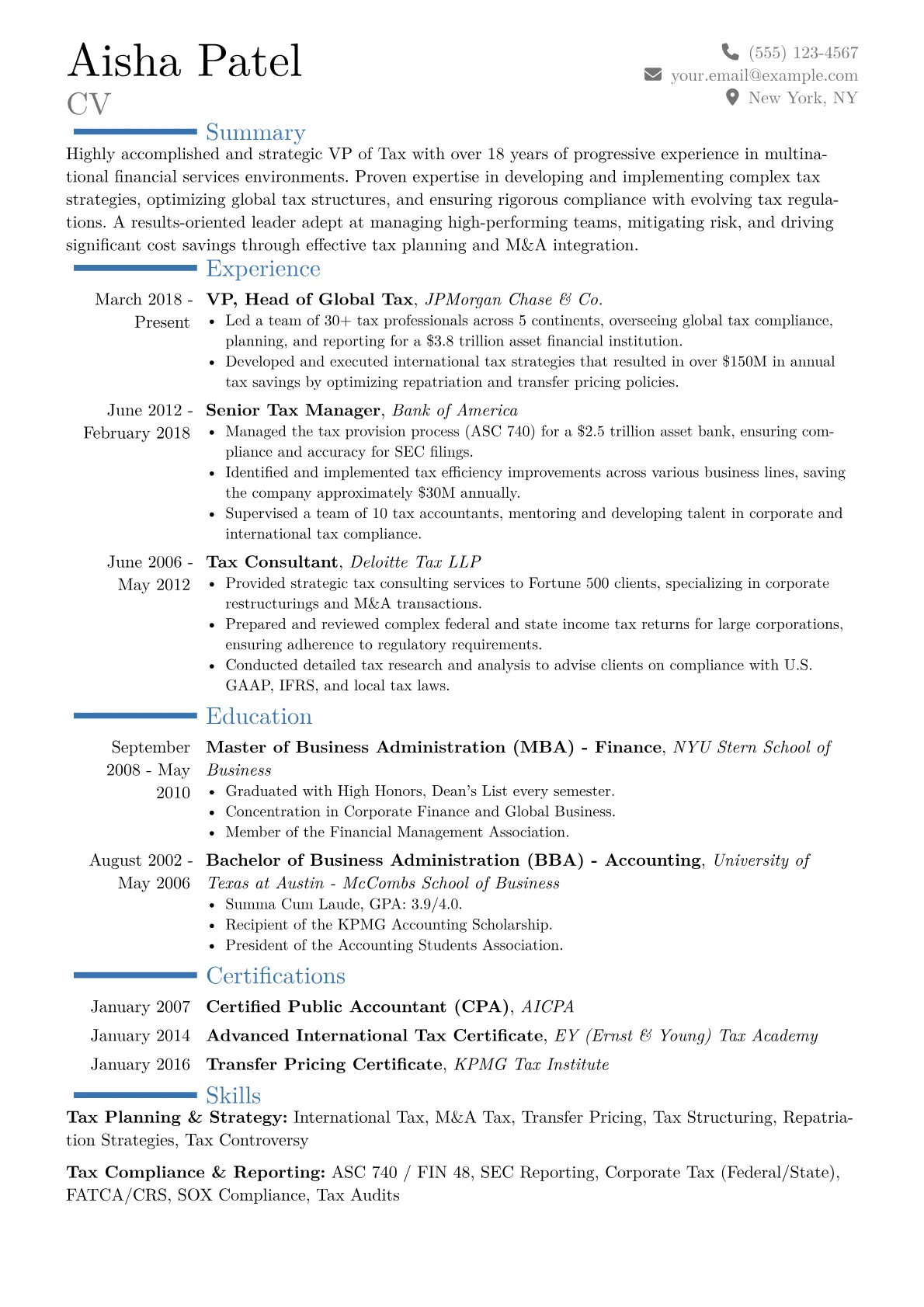 VP of Tax Resume Example CV template - Page 1