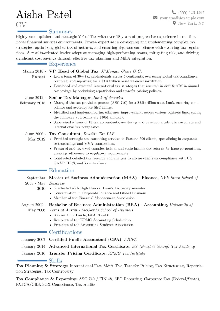 VP of Tax Resume Example CV template preview