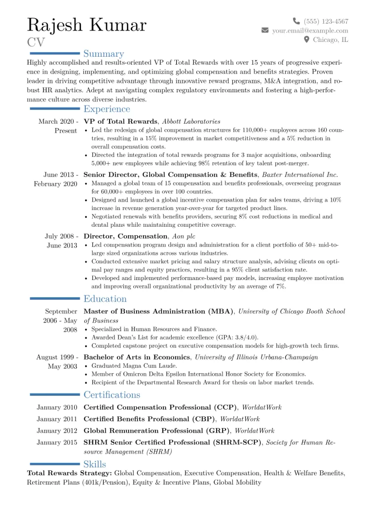 VP of Total Rewards Resume Example CV template preview