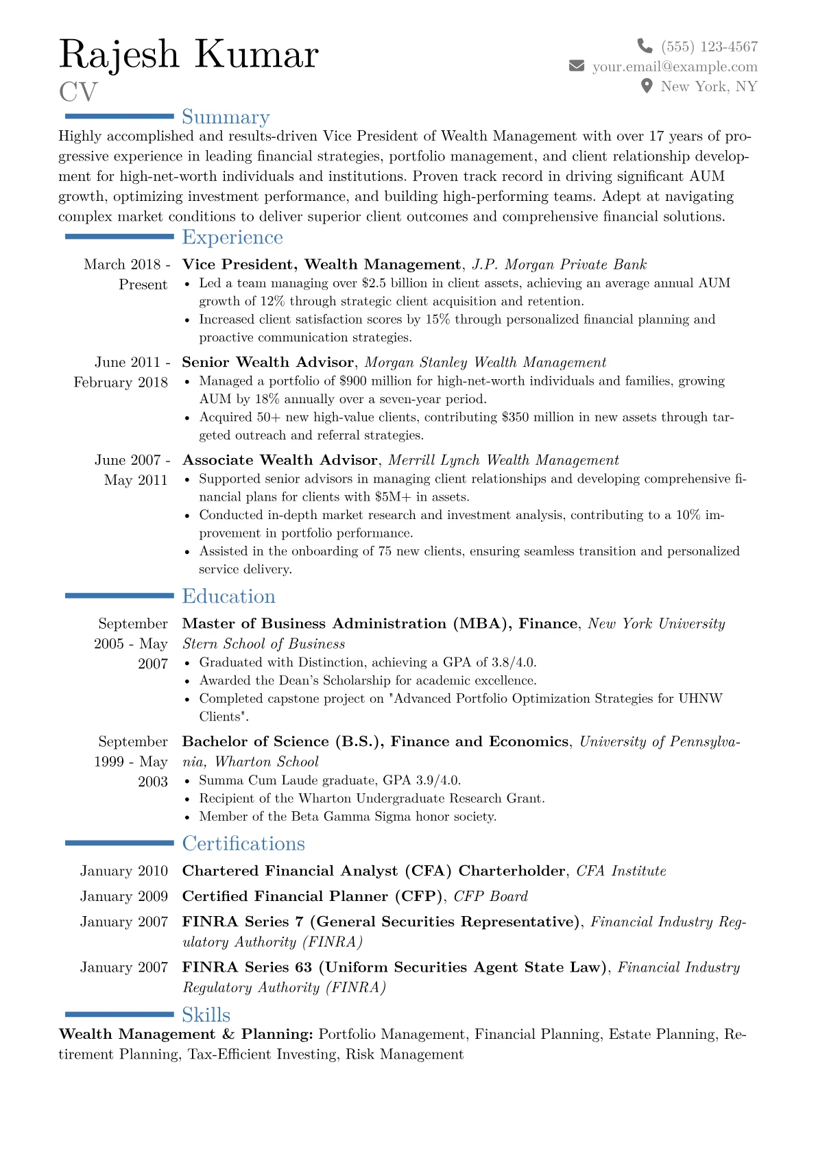 VP of Wealth Management Resume Example CV template - Page 1