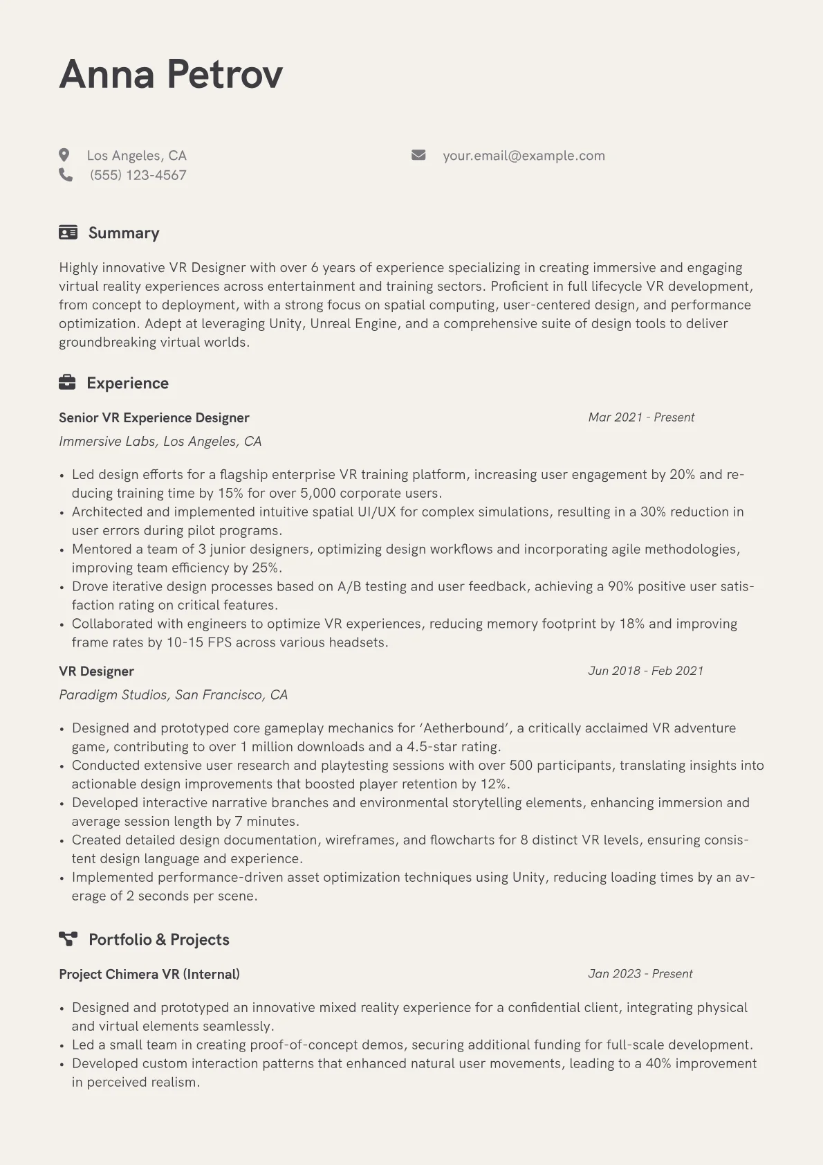 VR Designer Resume Example CV template - Page 1