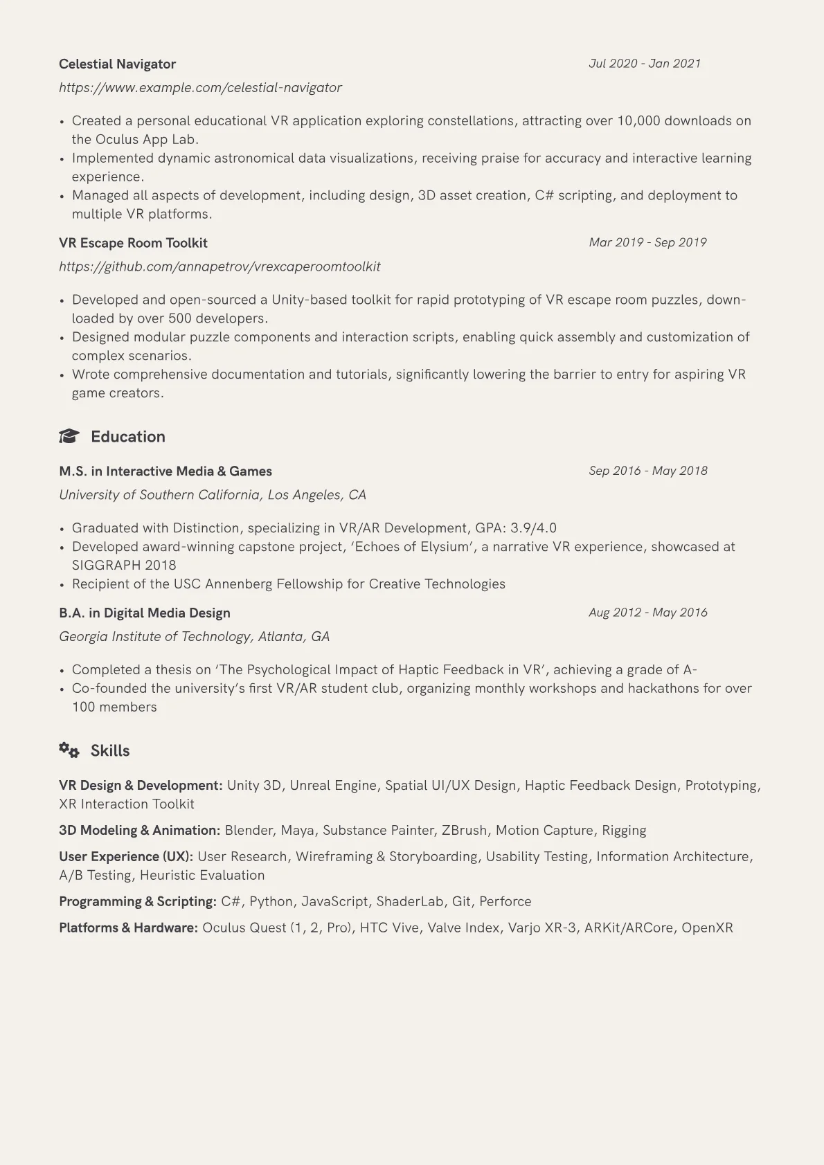 VR Designer Resume Example CV template - Page 2