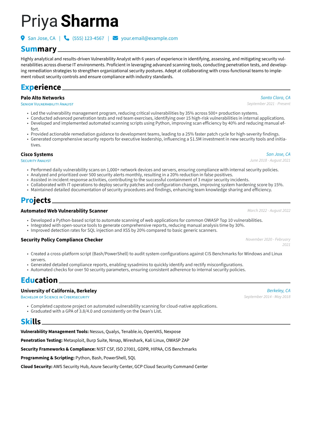 Vulnerability Analyst Resume Example CV template - Page 1