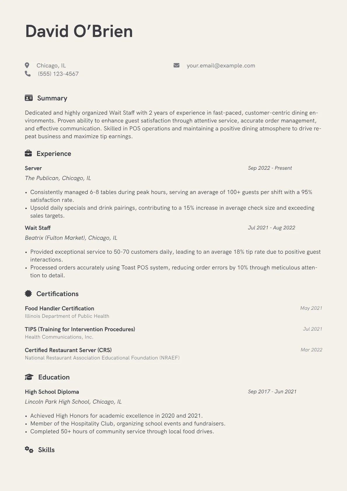 Wait Staff Resume Example CV template - Page 1