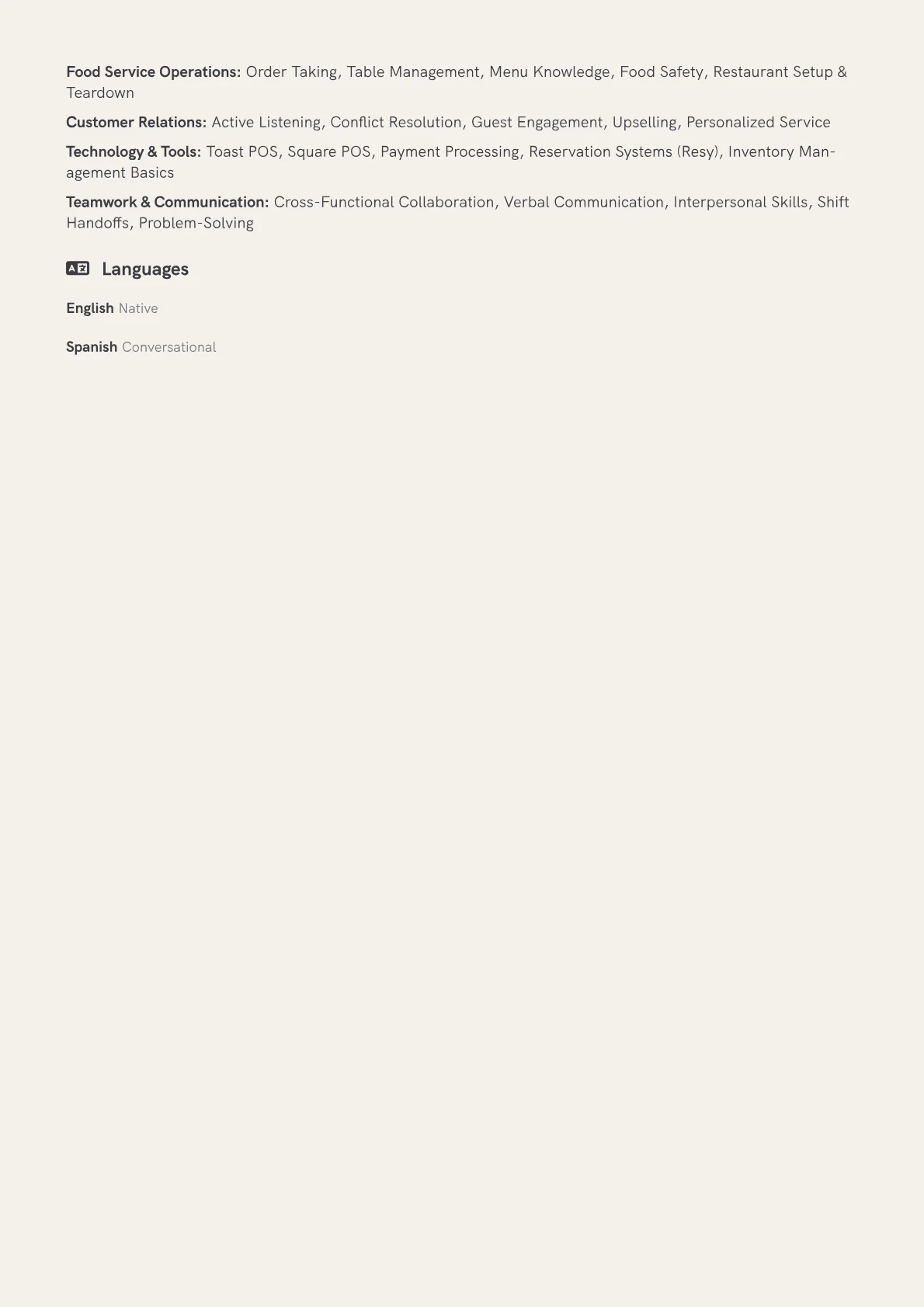 Wait Staff Resume Example CV template - Page 2