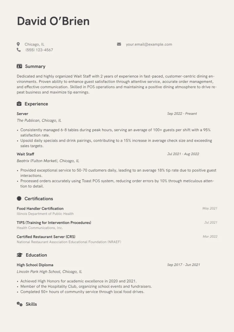 Wait Staff Resume Example CV template preview
