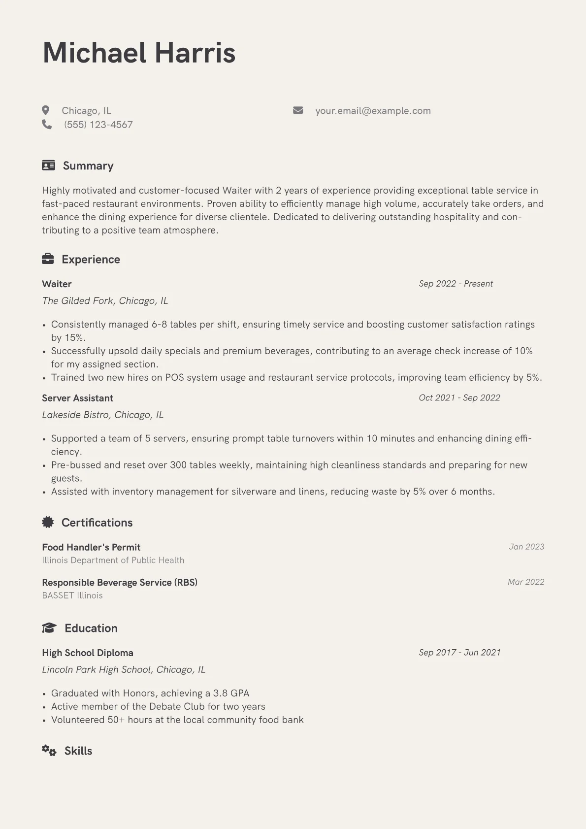 Waiter Resume Example CV template - Page 1