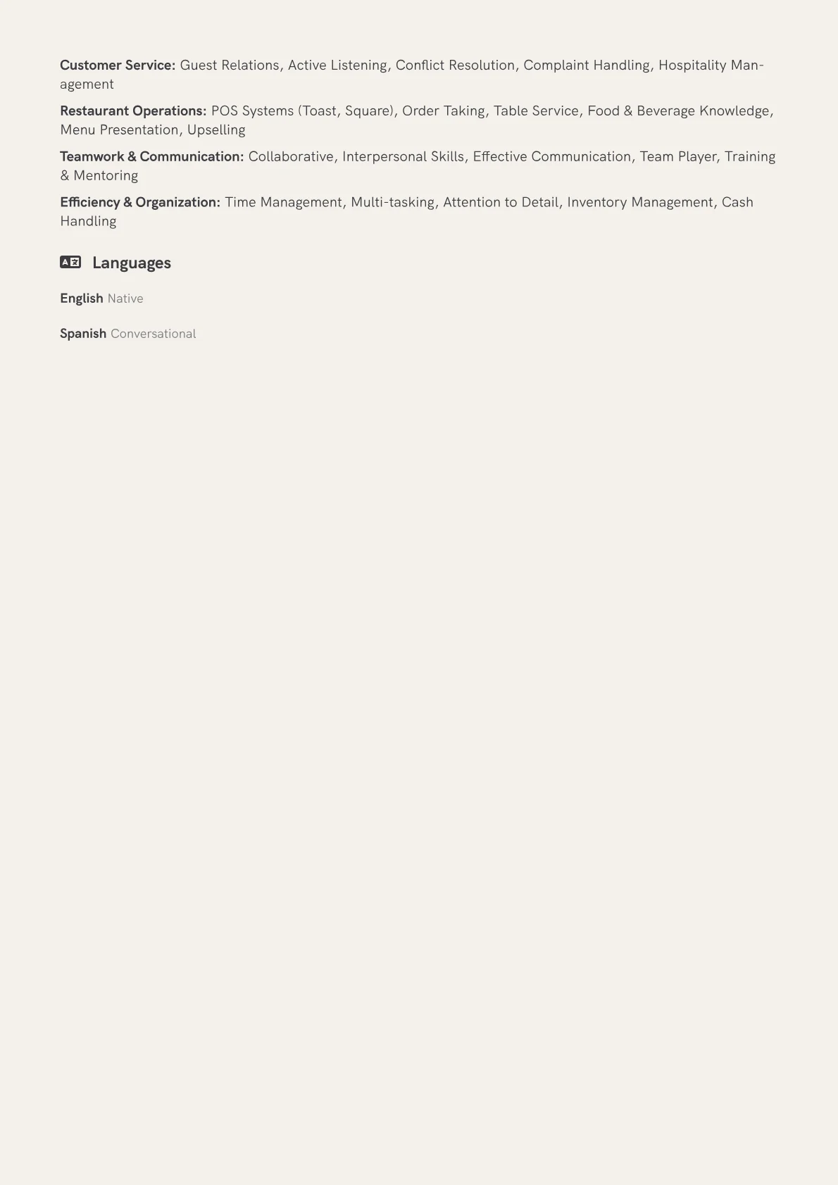 Waiter Resume Example CV template - Page 2