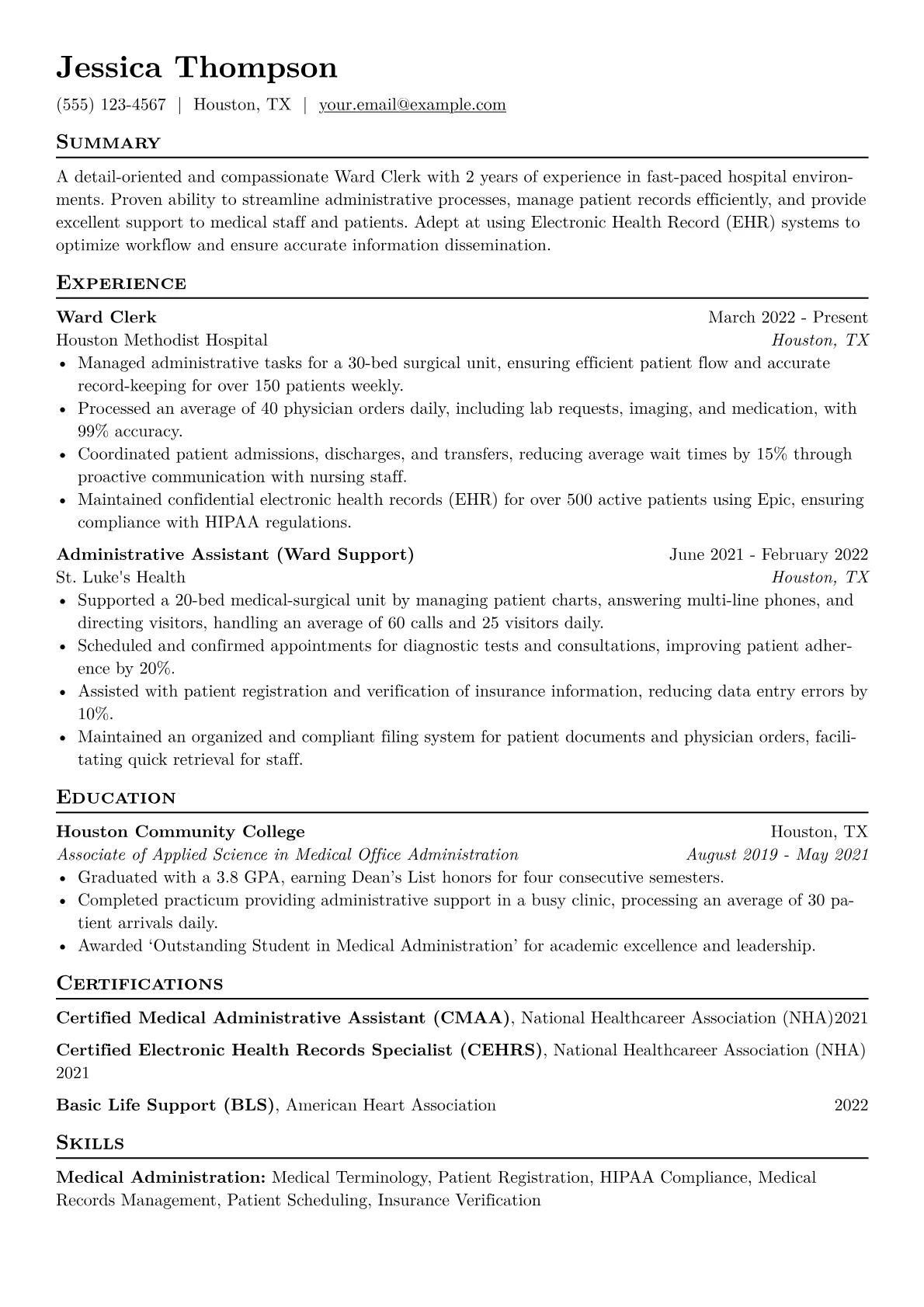 Ward Clerk Resume Example CV template - Page 1